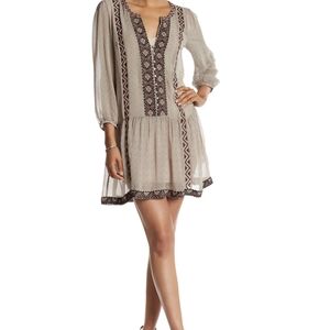 Joie Tan Midi Sundress with Bishop Sleeves and Plunge Neckline